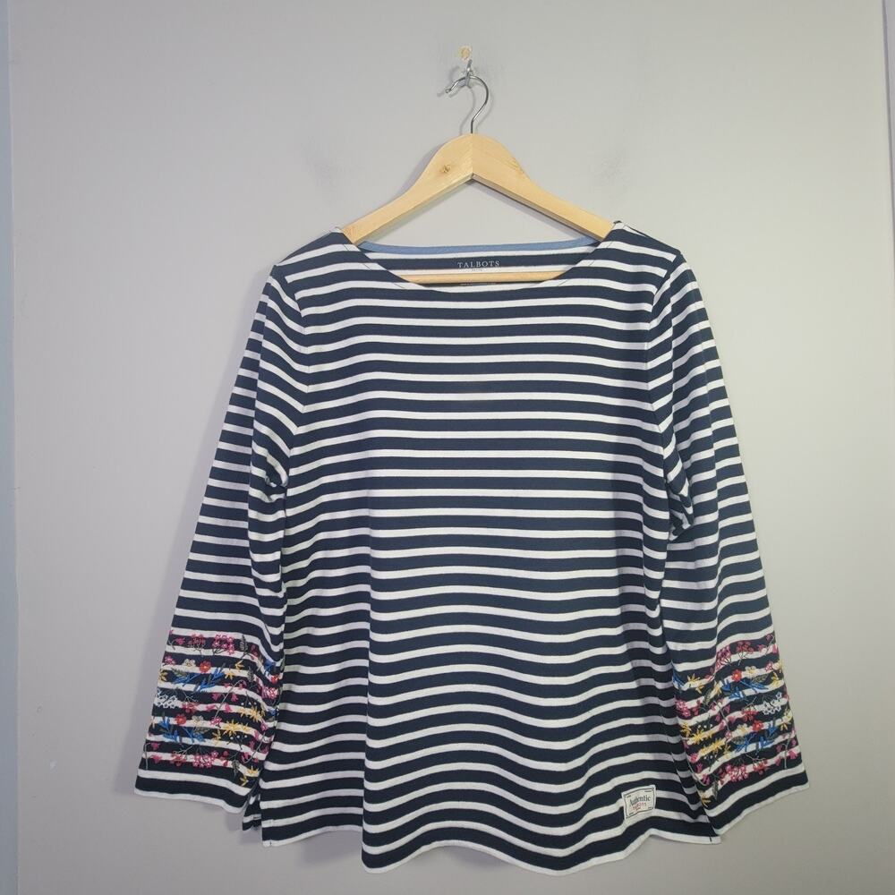 Talbots XL Petite Long Embroidered Sleeve Striped Top Shirt